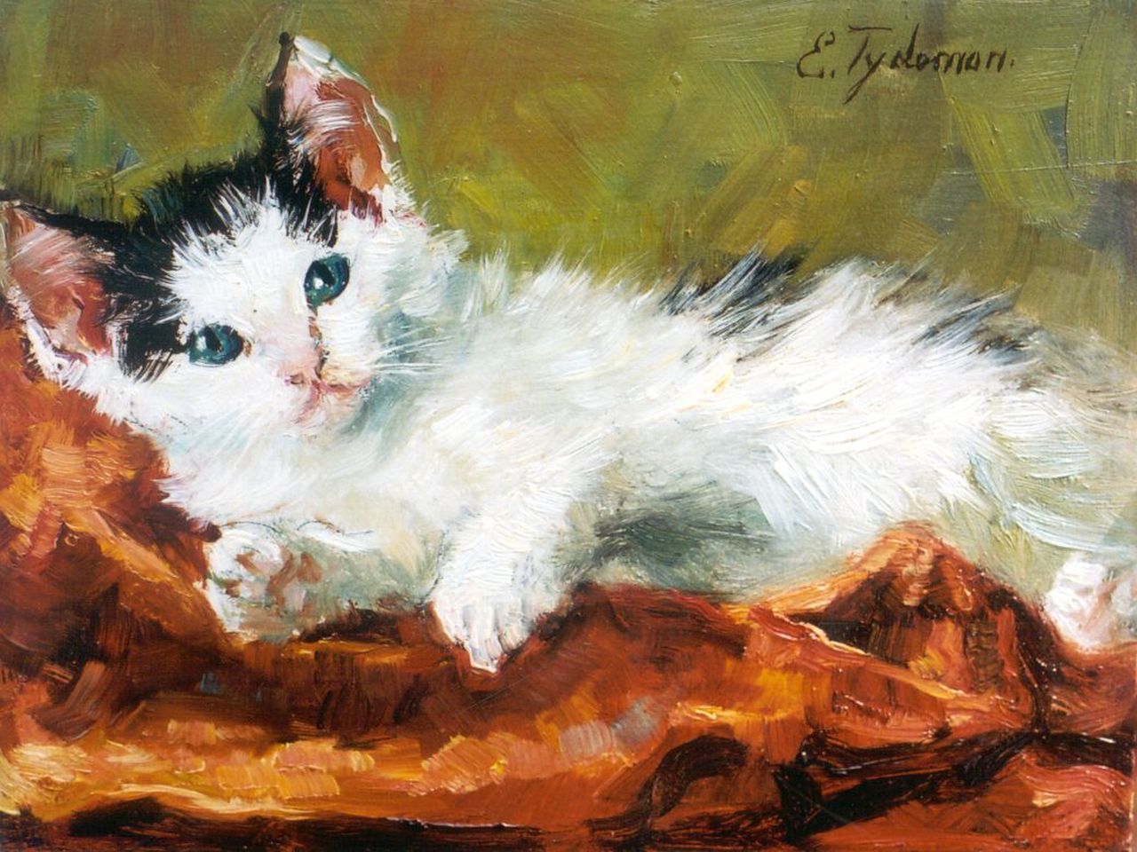 Tijdeman E.M.  | Ernestine Marie 'Dé' Tijdeman, Liggend poesje, olieverf op paneel 13,9 x 18,1 cm, gesigneerd rechtsboven