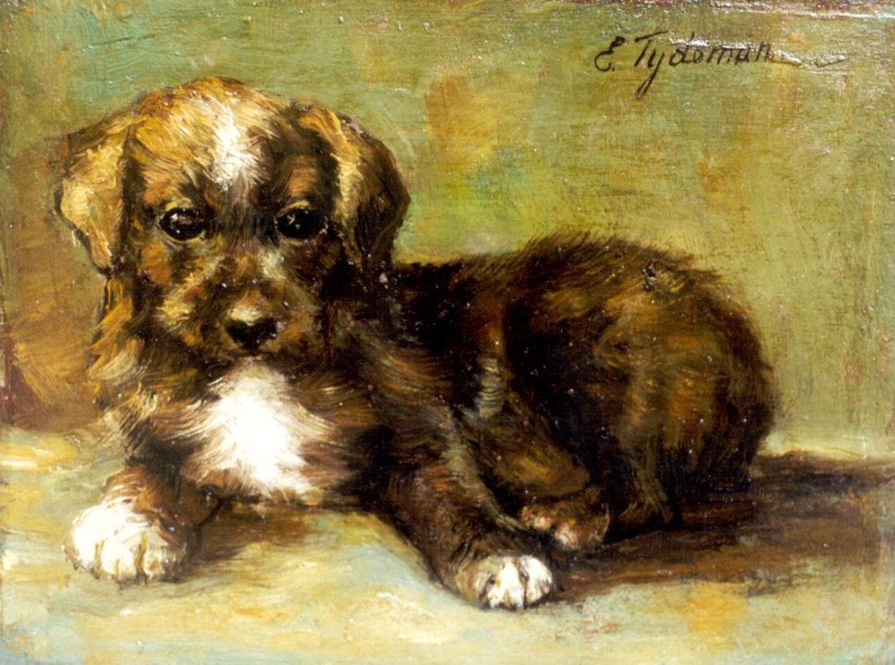 Tijdeman E.M. | Ernestine Marie 'Dé' Tijdeman, Jong hondje, olieverf op paneel 14,5 x 19,2 cm, gesigneerd rechtsboven Tijdeman E.M. | Ernestine Marie 'Dé' Tijdeman, Jong hondje, olieverf op paneel 14,5 x 19,2 cm, gesigneerd rechtsboven
