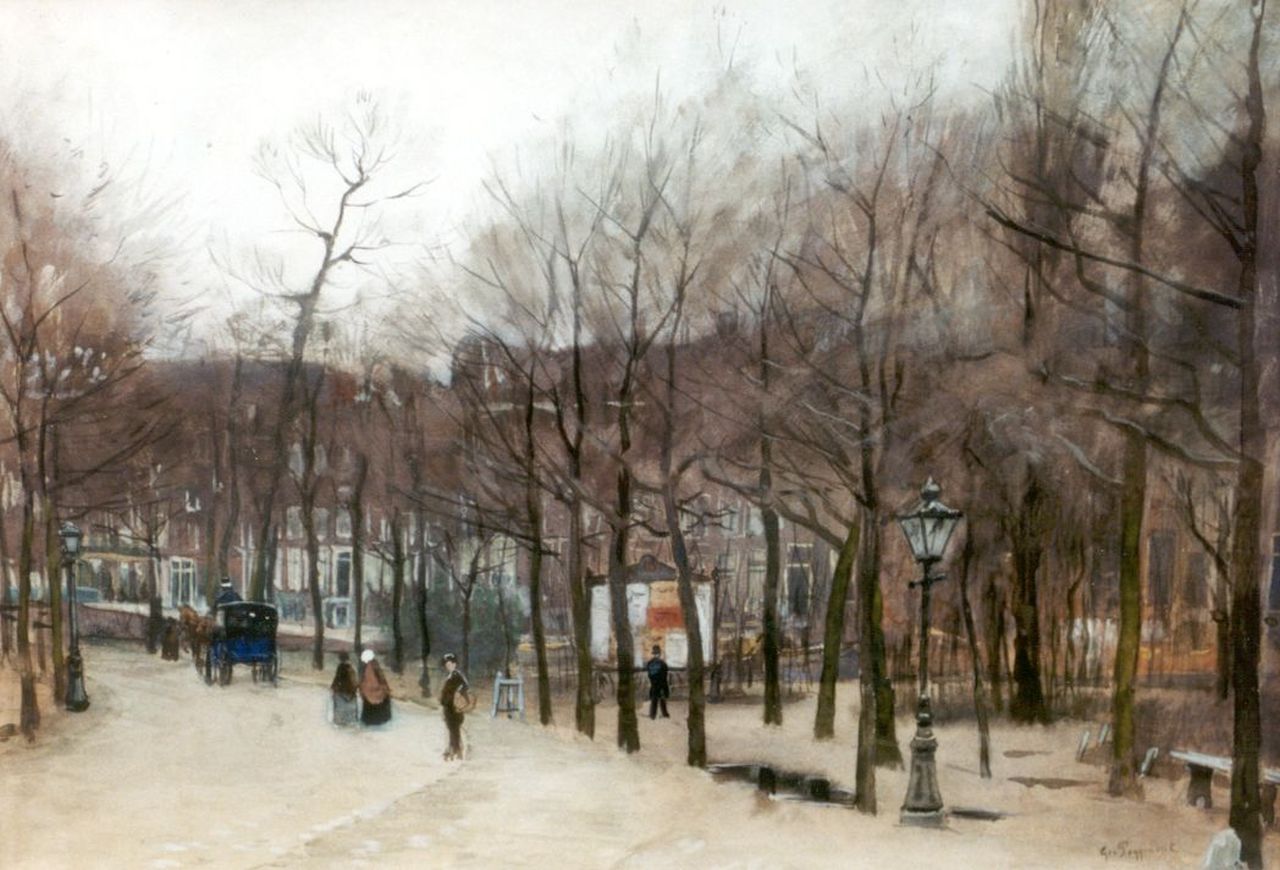 Poggenbeek G.J.H. | George Jan Hendrik 'Geo' Poggenbeek, Stadsgezicht met figuren, Amsterdam, aquarel op papier 40,3 x 57,4 cm, gesigneerd rechtsonder Poggenbeek G.J.H. | George Jan Hendrik 'Geo' Poggenbeek, Stadsgezicht met figuren, Amsterdam, aquarel op papier 40,3 x 57,4 cm, gesigneerd rechtsonder