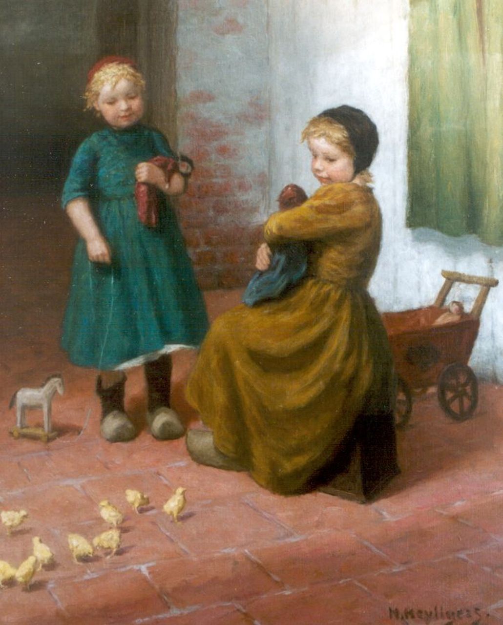 Heijligers H.  | Hendrik 'Henri' Heijligers, Spelende kinderen en kuikentjes, olieverf op doek 73,5 x 59,4 cm, gesigneerd rechtsonder