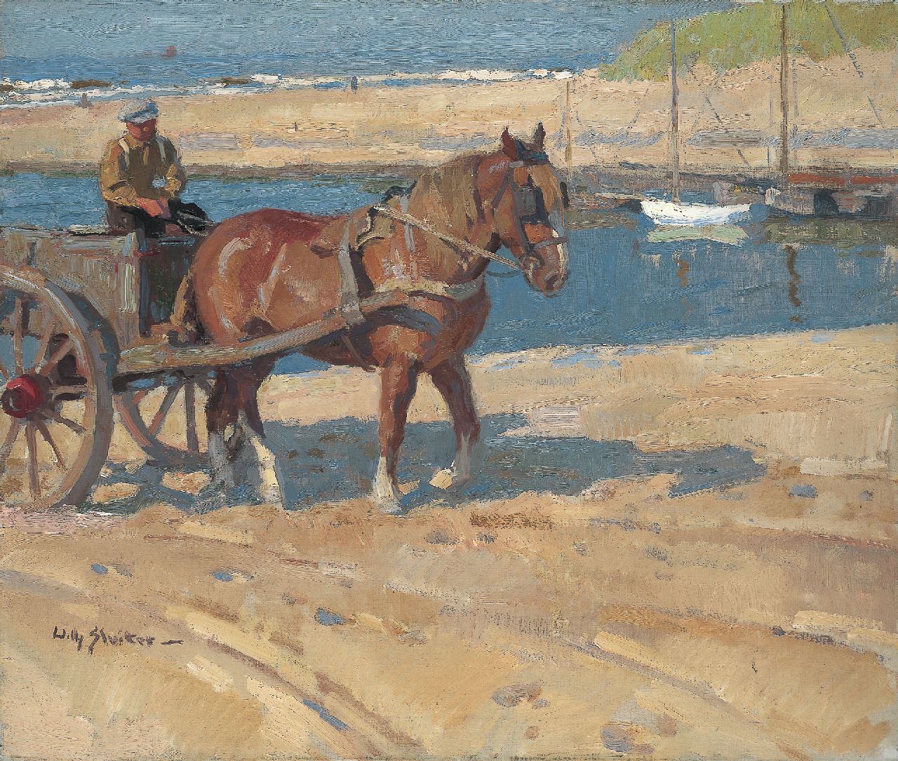 Sluiter J.W.  | Jan Willem 'Willy' Sluiter, Schelpenkar bij De Uitwatering, Katwijk aan Zee, olieverf op doek 55,2 x 65,0 cm, gesigneerd linksonder