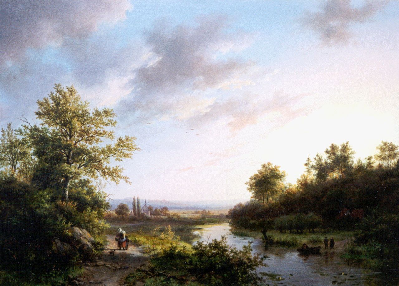 Klombeck J.B. | Johann Bernard Klombeck, Boomrijke riviervallei bij Kleef, olieverf op paneel 36,5 x 49,7 cm, gesigneerd linksonder met monogram en gedateerd 1842 Klombeck J.B. | Johann Bernard Klombeck, Boomrijke riviervallei bij Kleef, olieverf op paneel 36,5 x 49,7 cm, gesigneerd linksonder met monogram en gedateerd 1842