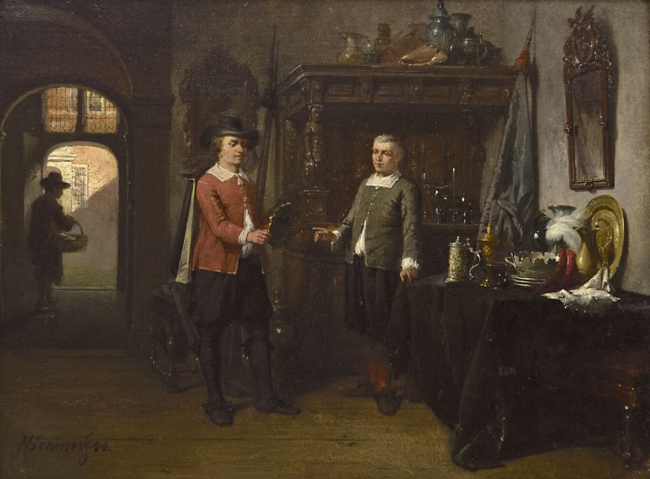 Scheeres H.J. | Hendricus Johannes Scheeres | Schilderijen te koop aangeboden | De connaisseurs, olieverf op paneel 17,6 x 23,6 cm, gesigneerd linksonder en gedateerd '58 Scheeres H.J. | Hendricus Johannes Scheeres | Schilderijen te koop aangeboden | De connaisseurs, olieverf op paneel 17,6 x 23,6 cm, gesigneerd linksonder en gedateerd '58