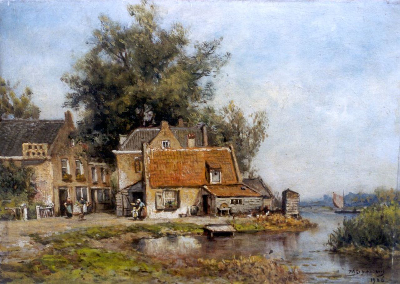 Schipperus P.A. | Pieter Adrianus 'Piet' Schipperus, Dorpje bij de waterkant, olieverf op schildersboard 37,6 x 52,2 cm, gesigneerd rechtsonder en gedateerd 1926 Schipperus P.A. | Pieter Adrianus 'Piet' Schipperus, Dorpje bij de waterkant, olieverf op schildersboard 37,6 x 52,2 cm, gesigneerd rechtsonder en gedateerd 1926