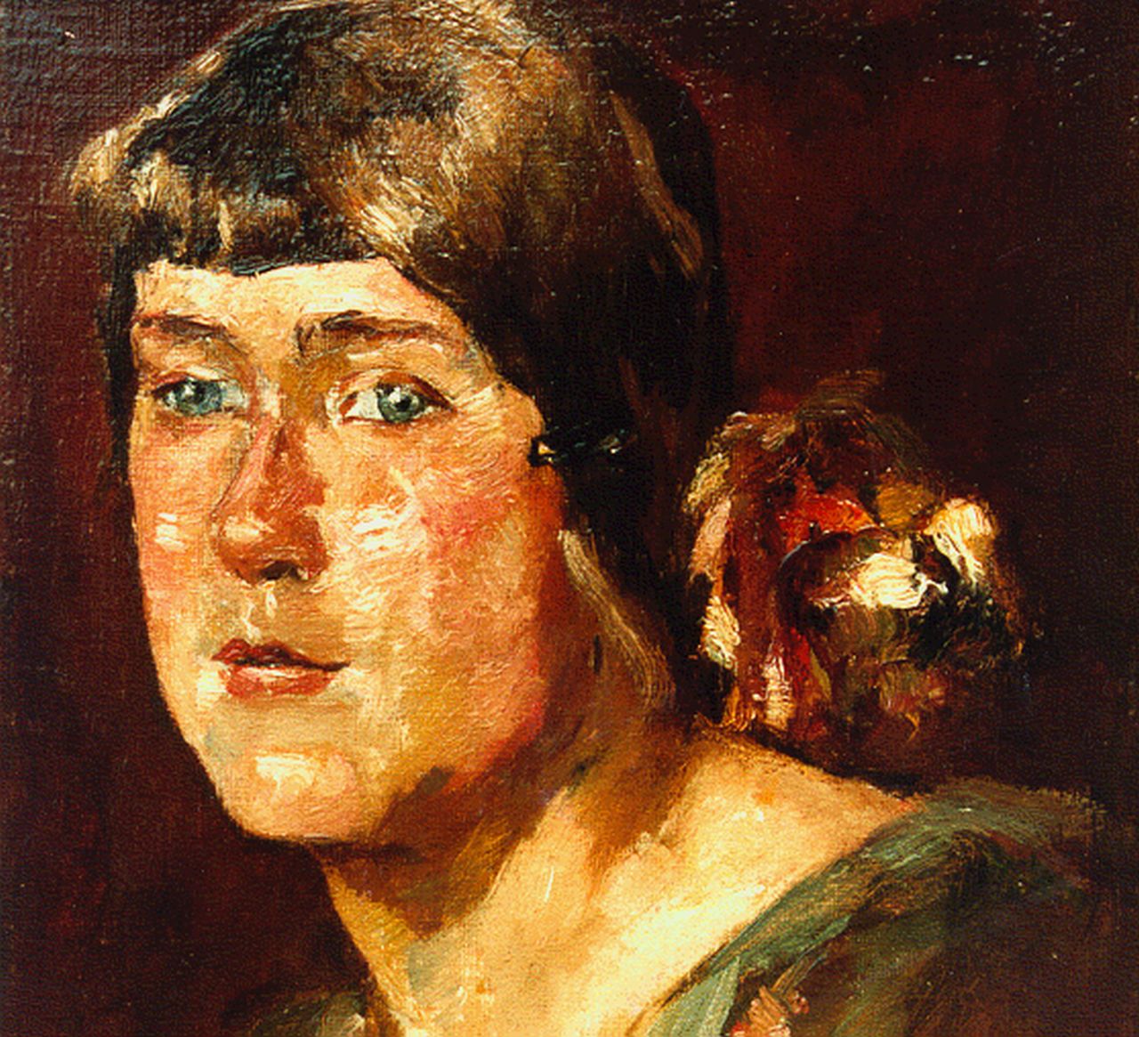 Zwart W.H.P.J. de | Wilhelmus Hendrikus Petrus Johannes 'Willem' de Zwart, Portret zijner vrouw, olieverf op doek op paneel 28,0 x 27,0 cm, gesigneerd rechtsonder initialen