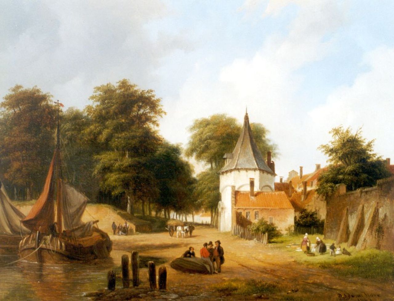 Hove B.J. van | Bartholomeus Johannes 'Bart' van Hove, Afgemeerde vrachtschepen buiten de stadsmuur, olieverf op paneel 25,7 x 32,3 cm, gesigneerd rechtsonder en gedateerd 1840 Hove B.J. van | Bartholomeus Johannes 'Bart' van Hove, Afgemeerde vrachtschepen buiten de stadsmuur, olieverf op paneel 25,7 x 32,3 cm, gesigneerd rechtsonder en gedateerd 1840