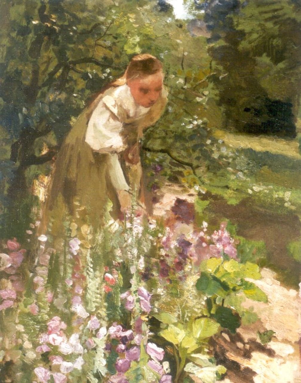 Neuhuys J.A. | Johannes 'Albert' Neuhuys, Jonge vrouw in voorjaarstuin, olieverf op doek 60,2 x 46,0 cm, gesigneerd rechtsonder met atelierstempel Neuhuys J.A. | Johannes 'Albert' Neuhuys, Jonge vrouw in voorjaarstuin, olieverf op doek 60,2 x 46,0 cm, gesigneerd rechtsonder met atelierstempel