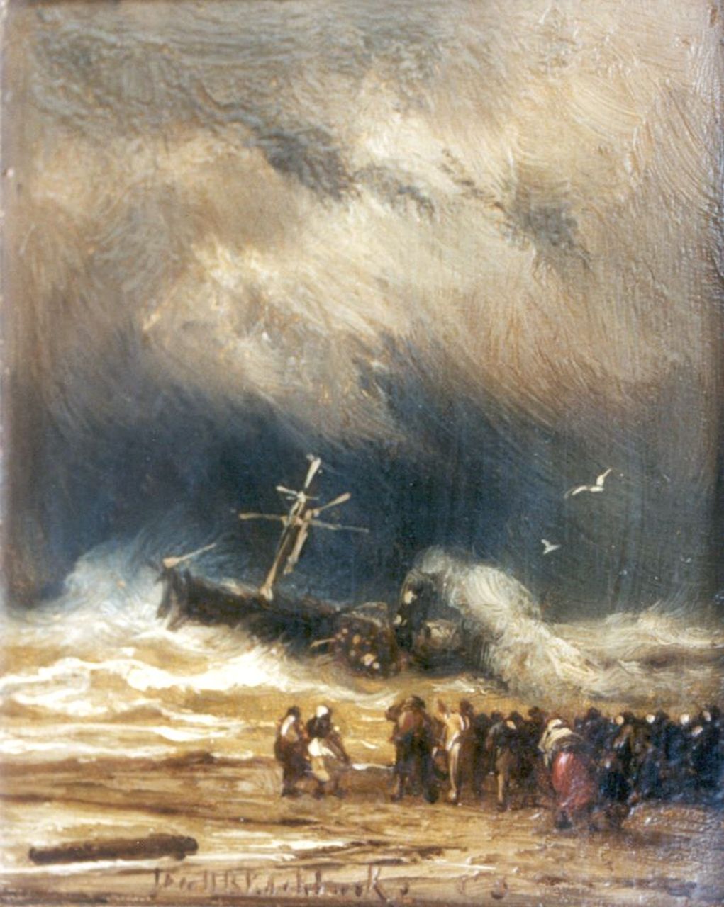 Koekkoek J.H.B.  | Johannes Hermanus Barend 'Jan H.B.' Koekkoek, Zinkend stoomschip, olieverf op paneel 11,5 x 9,3 cm, gesigneerd onder, l. v/h m.