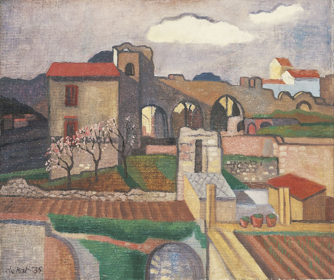 Kat O.B. de | 'Otto' Boudewijn de Kat, Huizen en ruïnes, olieverf op doek 46,1 x 54,3 cm, gesigneerd linksonder en gedateerd '35 Kat O.B. de | 'Otto' Boudewijn de Kat, Huizen en ruïnes, olieverf op doek 46,1 x 54,3 cm, gesigneerd linksonder en gedateerd '35