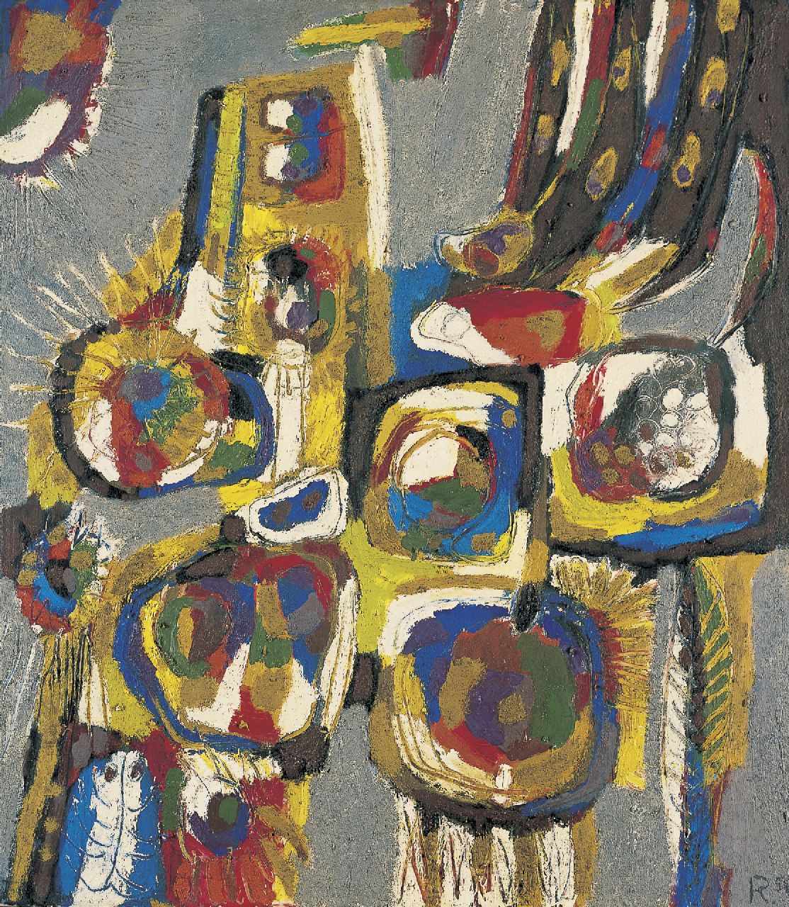 Romijn G.A.M. | Gustavus Adrianus Maria 'Gust' Romijn, Compositie, olieverf op doek 80,0 x 70,0 cm, gesigneerd rechtsonder met initiaal en gedateerd '56 Romijn G.A.M. | Gustavus Adrianus Maria 'Gust' Romijn, Compositie, olieverf op doek 80,0 x 70,0 cm, gesigneerd rechtsonder met initiaal en gedateerd '56