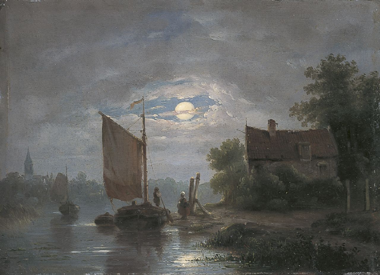 Stok J. van der | Jacobus van der Stok, Rivierlandschap bij maanlicht, olieverf op paneel 18,3 x 25,0 cm, gesigneerd linksonder Stok J. van der | Jacobus van der Stok, Rivierlandschap bij maanlicht, olieverf op paneel 18,3 x 25,0 cm, gesigneerd linksonder