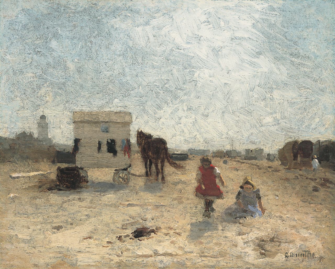 Munthe L. | Ludwig Munthe, Kinderen en badkoets op het strand van Katwijk, olieverf op doek 31,5 x 39,1 cm, gesigneerd rechtsonder Munthe L. | Ludwig Munthe, Kinderen en badkoets op het strand van Katwijk, olieverf op doek 31,5 x 39,1 cm, gesigneerd rechtsonder