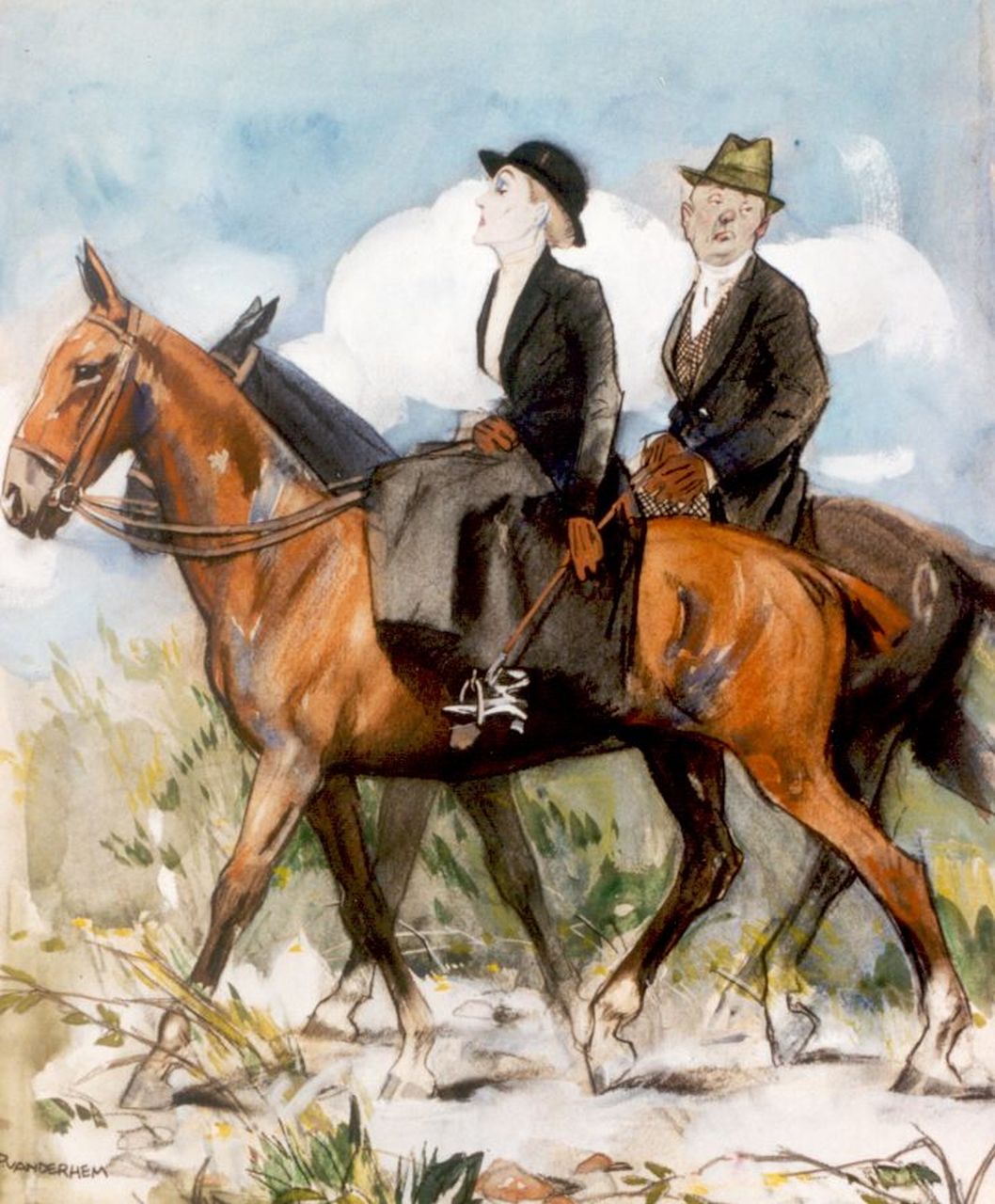 Hem P. van der | Pieter 'Piet' van der Hem, De ochtendrit, zwart krijt, aquarel en gouache op papier 45,5 x 37,0 cm, gesigneerd linksonder Hem P. van der | Pieter 'Piet' van der Hem, De ochtendrit, zwart krijt, aquarel en gouache op papier 45,5 x 37,0 cm, gesigneerd linksonder