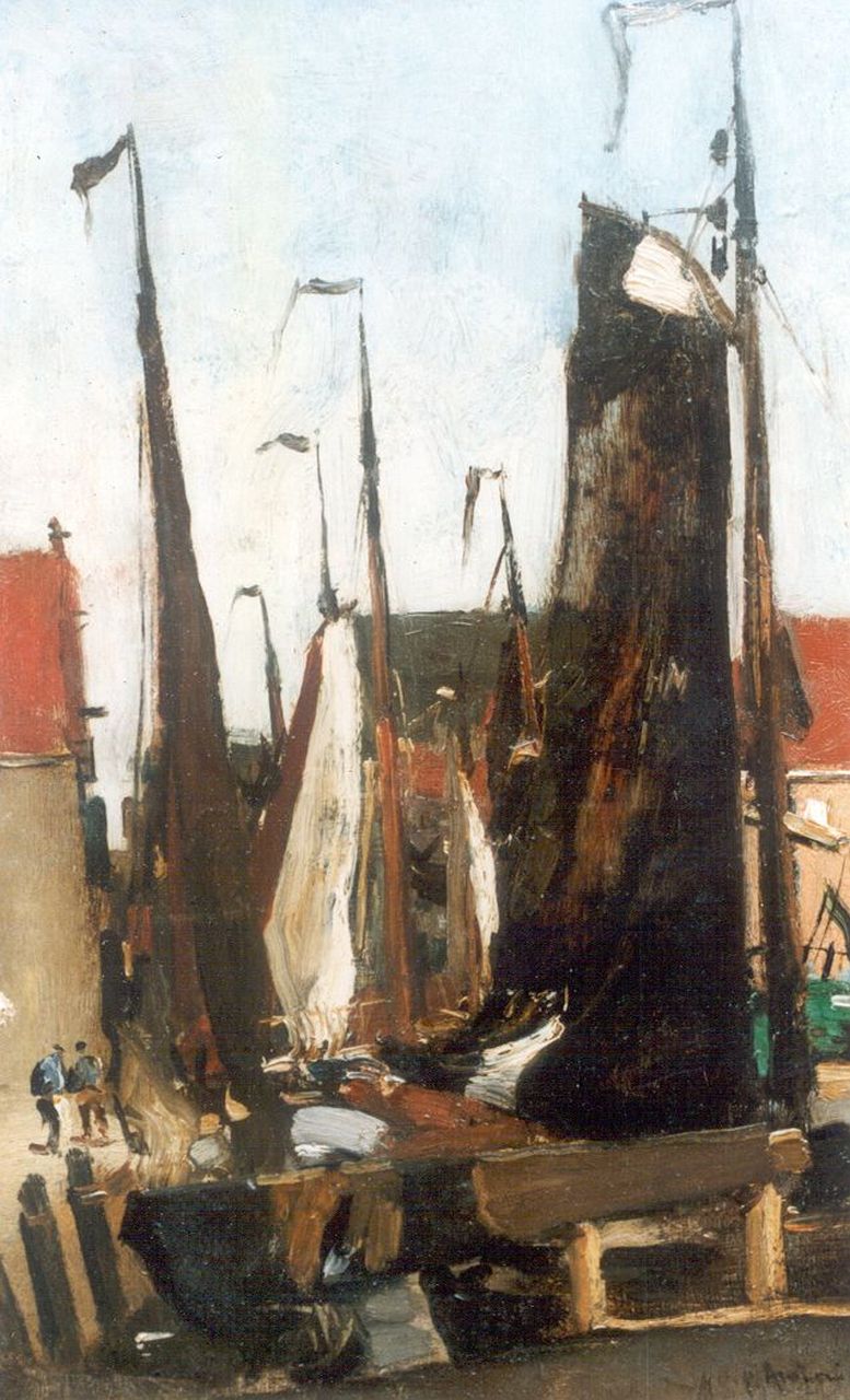 Arntzenius P.F.N.J. | Pieter Florentius Nicolaas Jacobus 'Floris' Arntzenius, Zeilboten in een haven van Scheveningen, olieverf op paneel 34,5 x 22,0 cm, gesigneerd rechtsonder Arntzenius P.F.N.J. | Pieter Florentius Nicolaas Jacobus 'Floris' Arntzenius, Zeilboten in een haven van Scheveningen, olieverf op paneel 34,5 x 22,0 cm, gesigneerd rechtsonder