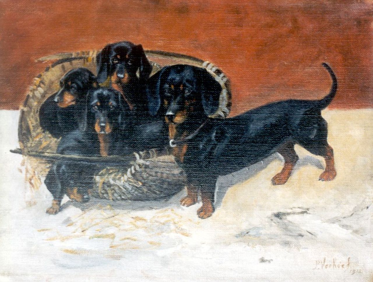 Verhoeff P. | Pieter Verhoeff, Dashond met jongen, olieverf op doek 22,2 x 29,1 cm, gesigneerd rechtsonder en gedateerd 1912 Verhoeff P. | Pieter Verhoeff, Dashond met jongen, olieverf op doek 22,2 x 29,1 cm, gesigneerd rechtsonder en gedateerd 1912