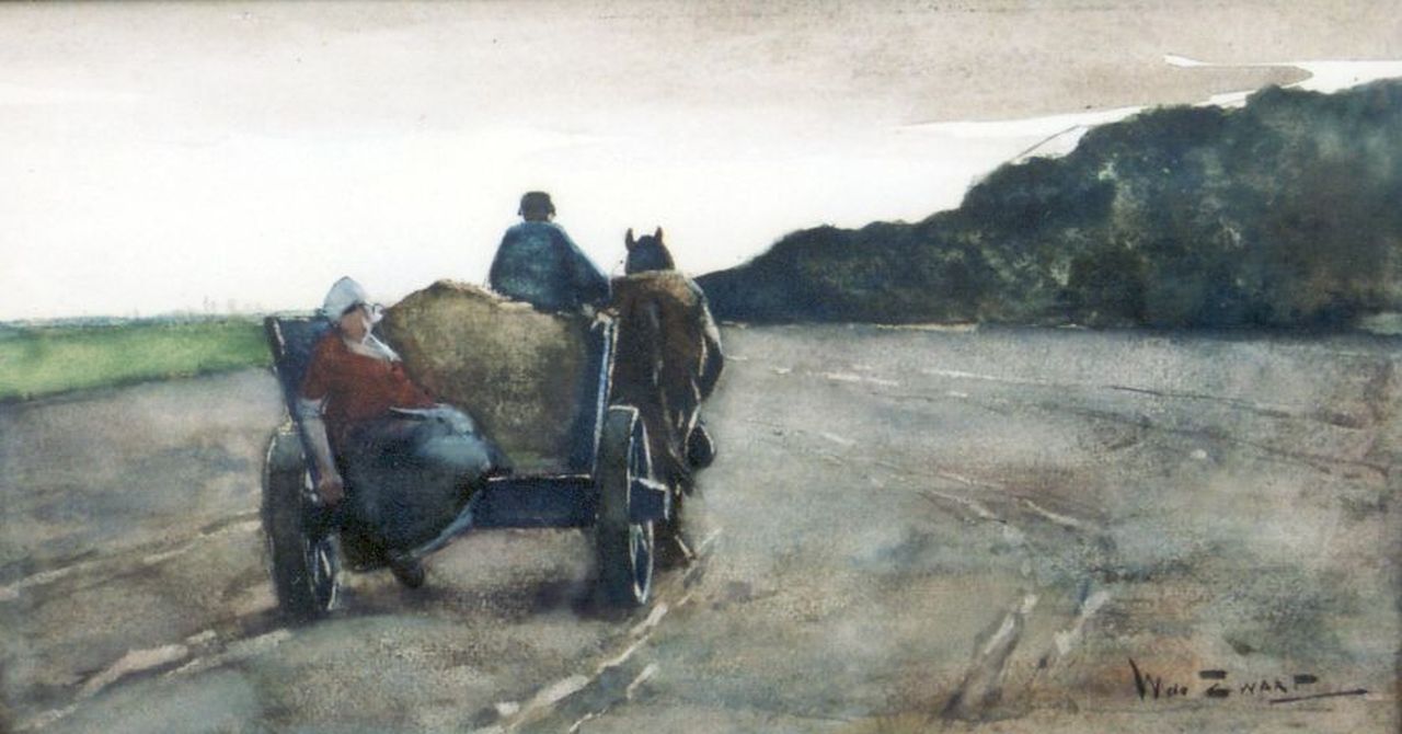 Zwart W.H.P.J. de | Wilhelmus Hendrikus Petrus Johannes 'Willem' de Zwart, Boerenkar op landweg, houtskool en aquarel op papier 20,5 x 39,5 cm, gesigneerd rechtsonder Zwart W.H.P.J. de | Wilhelmus Hendrikus Petrus Johannes 'Willem' de Zwart, Boerenkar op landweg, houtskool en aquarel op papier 20,5 x 39,5 cm, gesigneerd rechtsonder