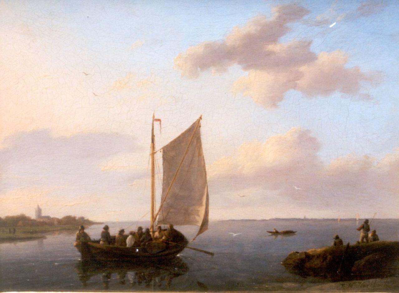 Koekkoek J.H. | Johannes Hermanus Koekkoek, Veerboot op een verstilde binnenzee, olieverf op paneel 15,7 x 20,9 cm, gesigneerd rechtsonder Koekkoek J.H. | Johannes Hermanus Koekkoek, Veerboot op een verstilde binnenzee, olieverf op paneel 15,7 x 20,9 cm, gesigneerd rechtsonder