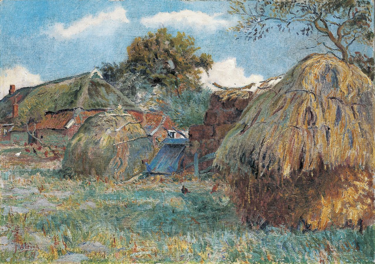 Altink J. | Jan Altink, Boerderij met hooioppers, olieverf op doek 64,2 x 91,0 cm, gesigneerd linksonder en gedateerd '37 Altink J. | Jan Altink, Boerderij met hooioppers, olieverf op doek 64,2 x 91,0 cm, gesigneerd linksonder en gedateerd '37