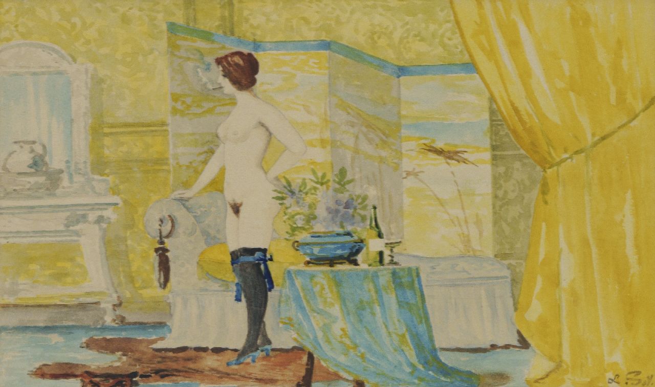 Soy L. | Soy | Aquarellen en tekeningen te koop aangeboden | Naakte vrouw rokend in boudoir, aquarel op papier 14,8 x 24,7 cm, gesigneerd rechtsonder en te dateren ca. 1920 Soy L. | Soy | Aquarellen en tekeningen te koop aangeboden | Naakte vrouw rokend in boudoir, aquarel op papier 14,8 x 24,7 cm, gesigneerd rechtsonder en te dateren ca. 1920