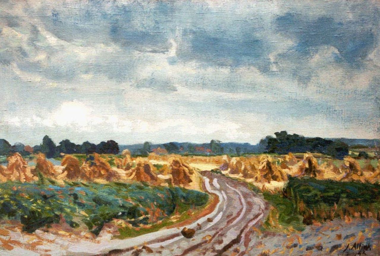 Altink J. | Jan Altink, Veld met korenschoven, olieverf op doek 44,6 x 64,6 cm, gesigneerd rechtsonder en gedateerd '42 Altink J. | Jan Altink, Veld met korenschoven, olieverf op doek 44,6 x 64,6 cm, gesigneerd rechtsonder en gedateerd '42