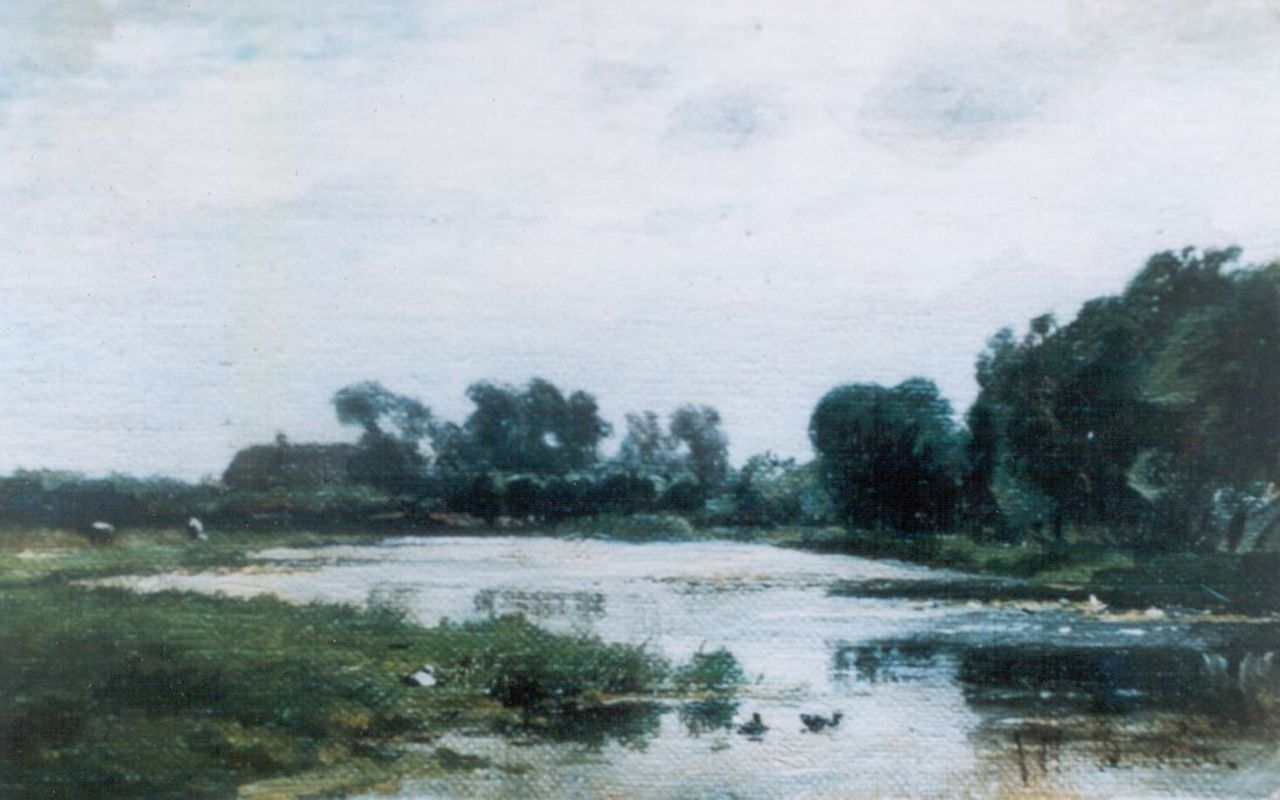 Borselen J.W. van | Jan Willem van Borselen, Plasgezicht met boerderij, olieverf op doek op paneel 12,8 x 19,4 cm, gesigneerd rechtsonder Borselen J.W. van | Jan Willem van Borselen, Plasgezicht met boerderij, olieverf op doek op paneel 12,8 x 19,4 cm, gesigneerd rechtsonder