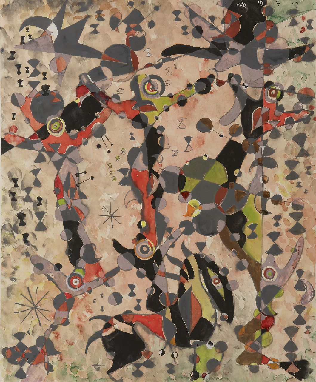 Jordens J.G. | 'Jan' Gerrit Jordens, Calvarieberg, gouache op papier 57,0 x 47,0 cm, gesigneerd rechtsboven met initialen en gedateerd 19 3 47 Jordens J.G. | 'Jan' Gerrit Jordens, Calvarieberg, gouache op papier 57,0 x 47,0 cm, gesigneerd rechtsboven met initialen en gedateerd 19 3 47
