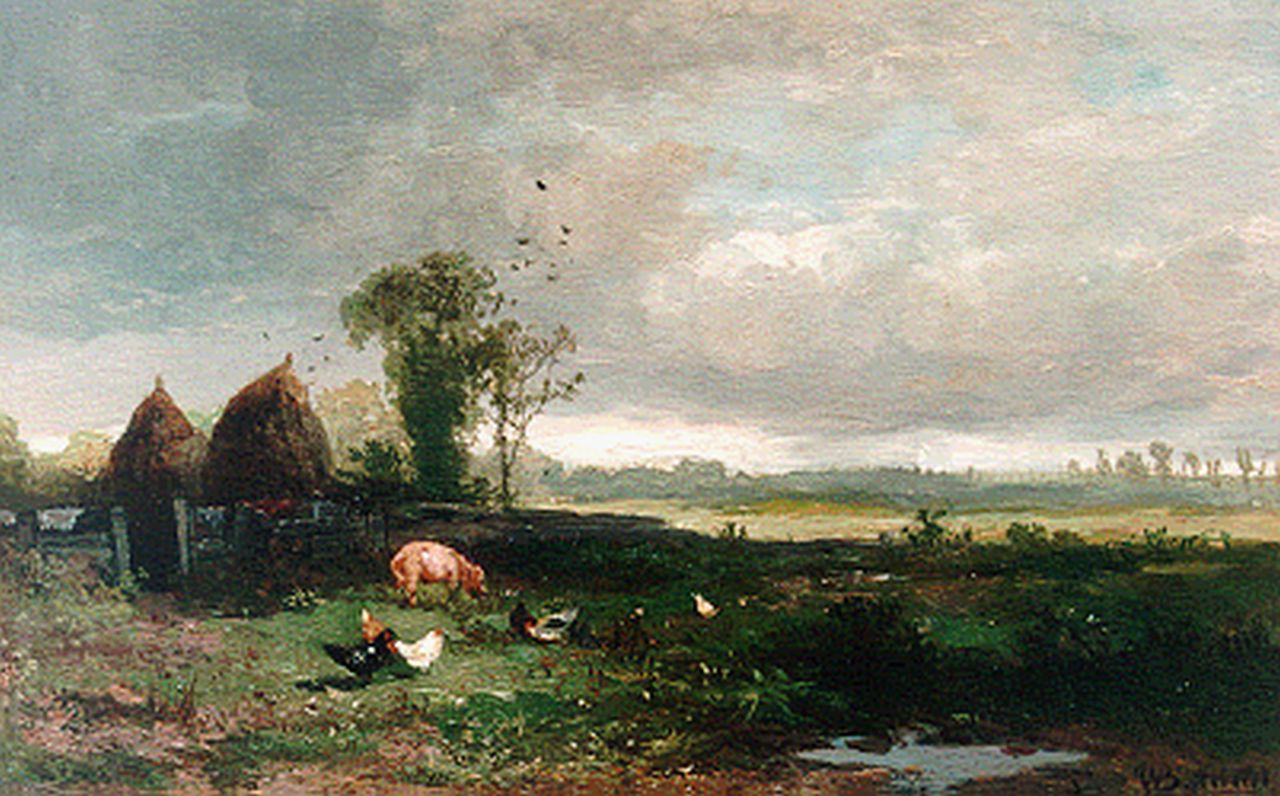 Bilders J.W. | Johannes Warnardus Bilders, Kippen en een varken in de wei, olieverf op paneel 21,7 x 35,0 cm, gesigneerd rechtsonder Bilders J.W. | Johannes Warnardus Bilders, Kippen en een varken in de wei, olieverf op paneel 21,7 x 35,0 cm, gesigneerd rechtsonder