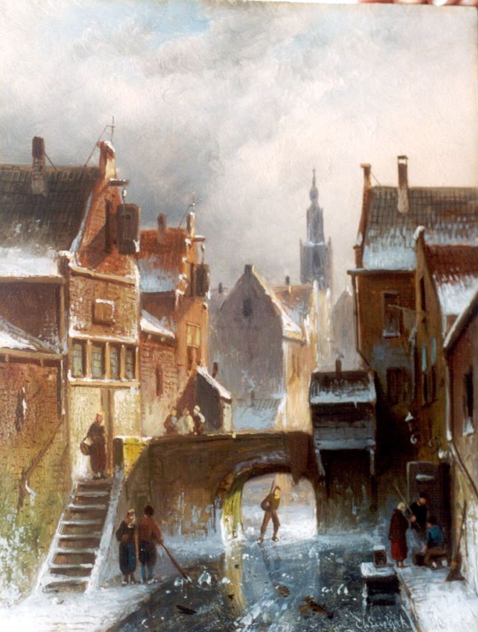 Leickert C.H.J. | 'Charles' Henri Joseph Leickert, Bevroren stadsgracht, olieverf op paneel 24,1 x 18,6 cm, gesigneerd rechtsonder Leickert C.H.J. | 'Charles' Henri Joseph Leickert, Bevroren stadsgracht, olieverf op paneel 24,1 x 18,6 cm, gesigneerd rechtsonder