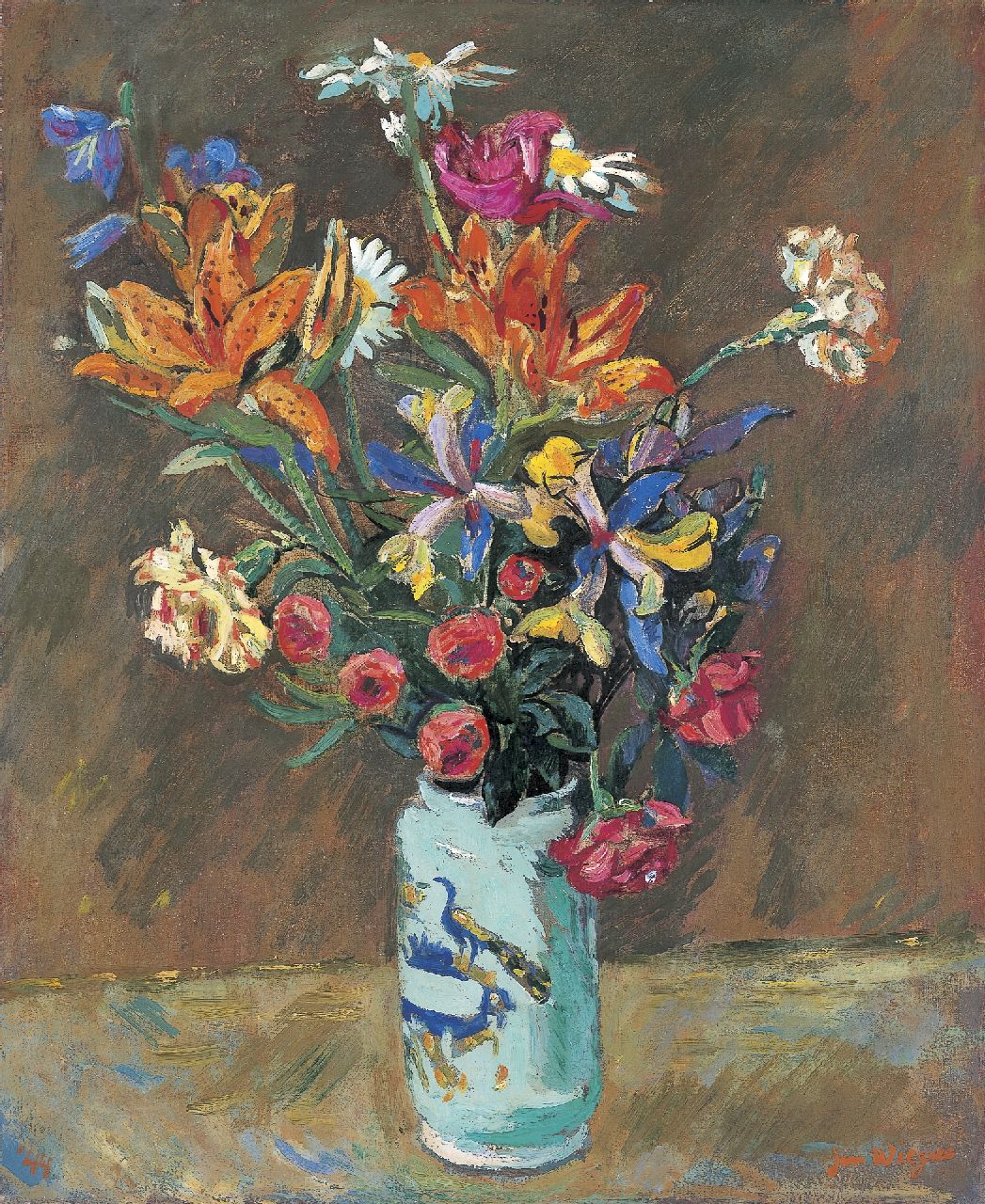 Wiegers J. | Jan Wiegers, Bloemen, olieverf op doek 61,3 x 50,6 cm, gesigneerd rechtsonder en gedateerd '44 Wiegers J. | Jan Wiegers, Bloemen, olieverf op doek 61,3 x 50,6 cm, gesigneerd rechtsonder en gedateerd '44