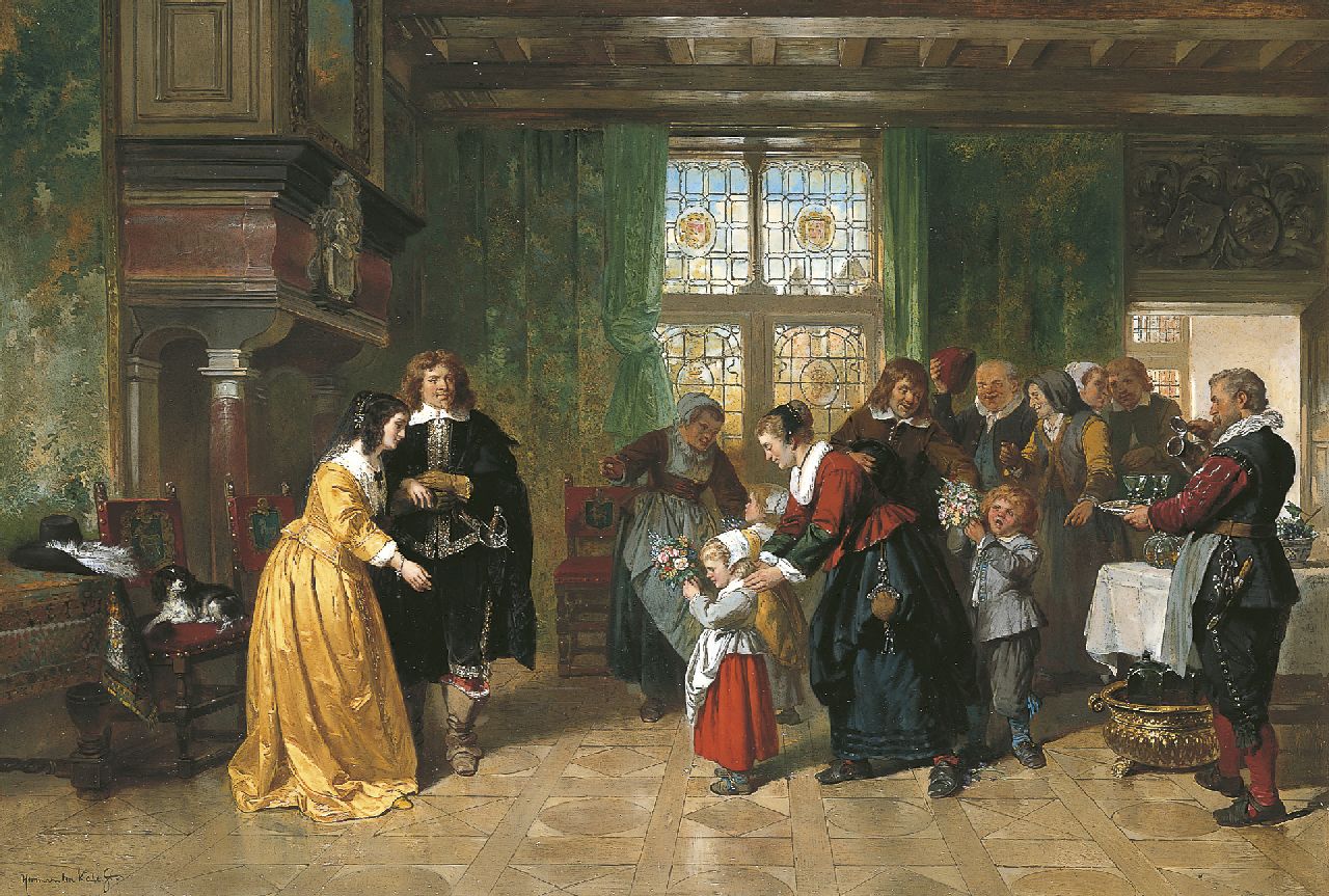 Kate H.F.C. ten | 'Herman' Frederik Carel ten Kate, Een bezoek aan de heer des huizes en zijn echtgenote, olieverf op paneel 59,0 x 85,5 cm, gesigneerd linksonder