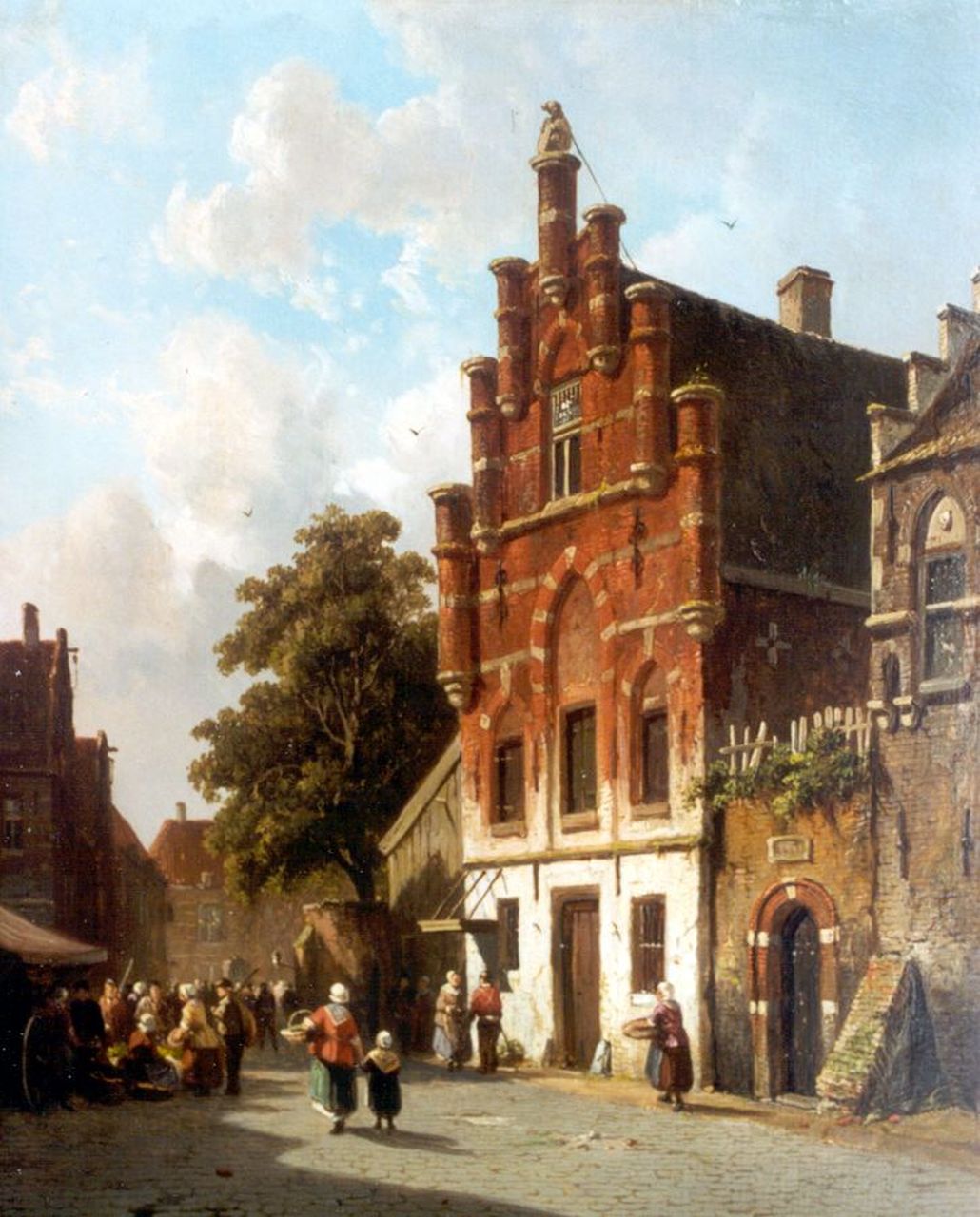 Eversen A. | Adrianus Eversen, Stadsgezicht met marktkramen, olieverf op paneel 34,0 x 27,0 cm, gesigneerd rechtsonder en gedateerd 1843 (vaag) Eversen A. | Adrianus Eversen, Stadsgezicht met marktkramen, olieverf op paneel 34,0 x 27,0 cm, gesigneerd rechtsonder en gedateerd 1843 (vaag)