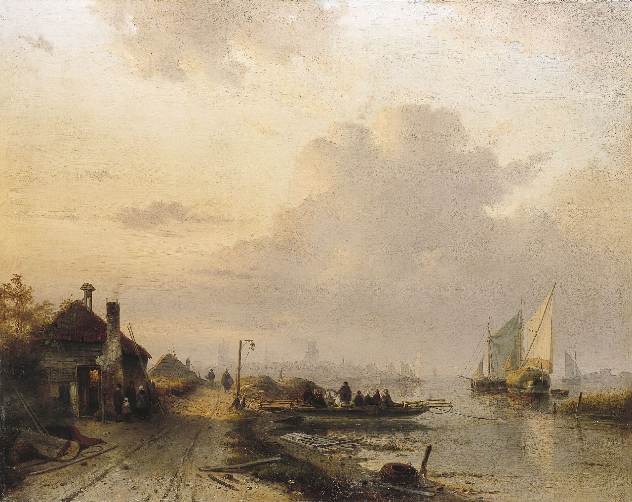 Leickert C.H.J. | 'Charles' Henri Joseph Leickert, Rivierlandschap met veerpont, olieverf op doek 60,8 x 76,0 cm, gesigneerd linksonder en gedateerd '54 Leickert C.H.J. | 'Charles' Henri Joseph Leickert, Rivierlandschap met veerpont, olieverf op doek 60,8 x 76,0 cm, gesigneerd linksonder en gedateerd '54