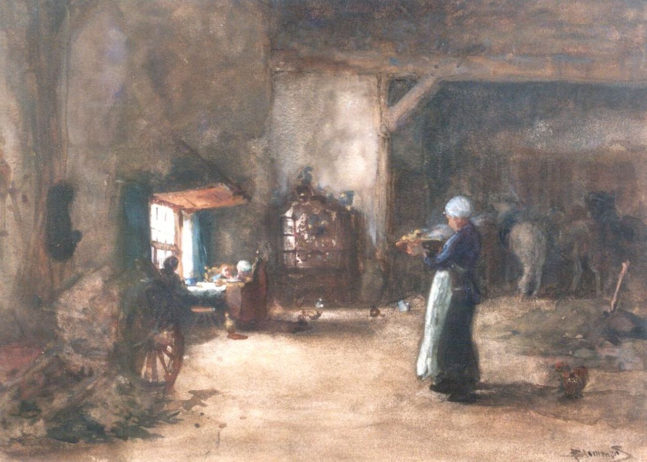 Blommers B.J. | Bernardus Johannes 'Bernard' Blommers, Opdienen van het eten in de deel, aquarel op papier 35,5 x 48,3 cm, gesigneerd rechtsonder Blommers B.J. | Bernardus Johannes 'Bernard' Blommers, Opdienen van het eten in de deel, aquarel op papier 35,5 x 48,3 cm, gesigneerd rechtsonder