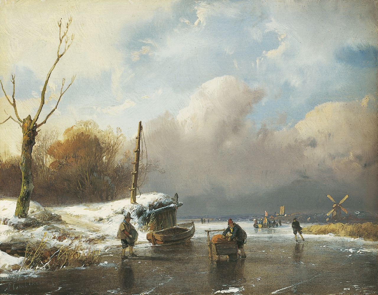 Schelfhout A. | Andreas Schelfhout, Schaatsers en duwslede op een bevroren vaart, olieverf op paneel 14,6 x 18,8 cm, gesigneerd linksonder Schelfhout A. | Andreas Schelfhout, Schaatsers en duwslede op een bevroren vaart, olieverf op paneel 14,6 x 18,8 cm, gesigneerd linksonder