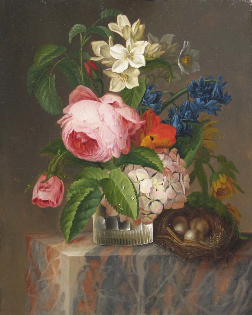Berré (toegeschreven aan) J.B. | Jean-Baptiste Berré (toegeschreven aan), Bloemstilleven en nestje met eitjes op marmeren plint, olieverf op paneel 34,0 x 27,2 cm Berré (toegeschreven aan) J.B. | Jean-Baptiste Berré (toegeschreven aan), Bloemstilleven en nestje met eitjes op marmeren plint, olieverf op paneel 34,0 x 27,2 cm