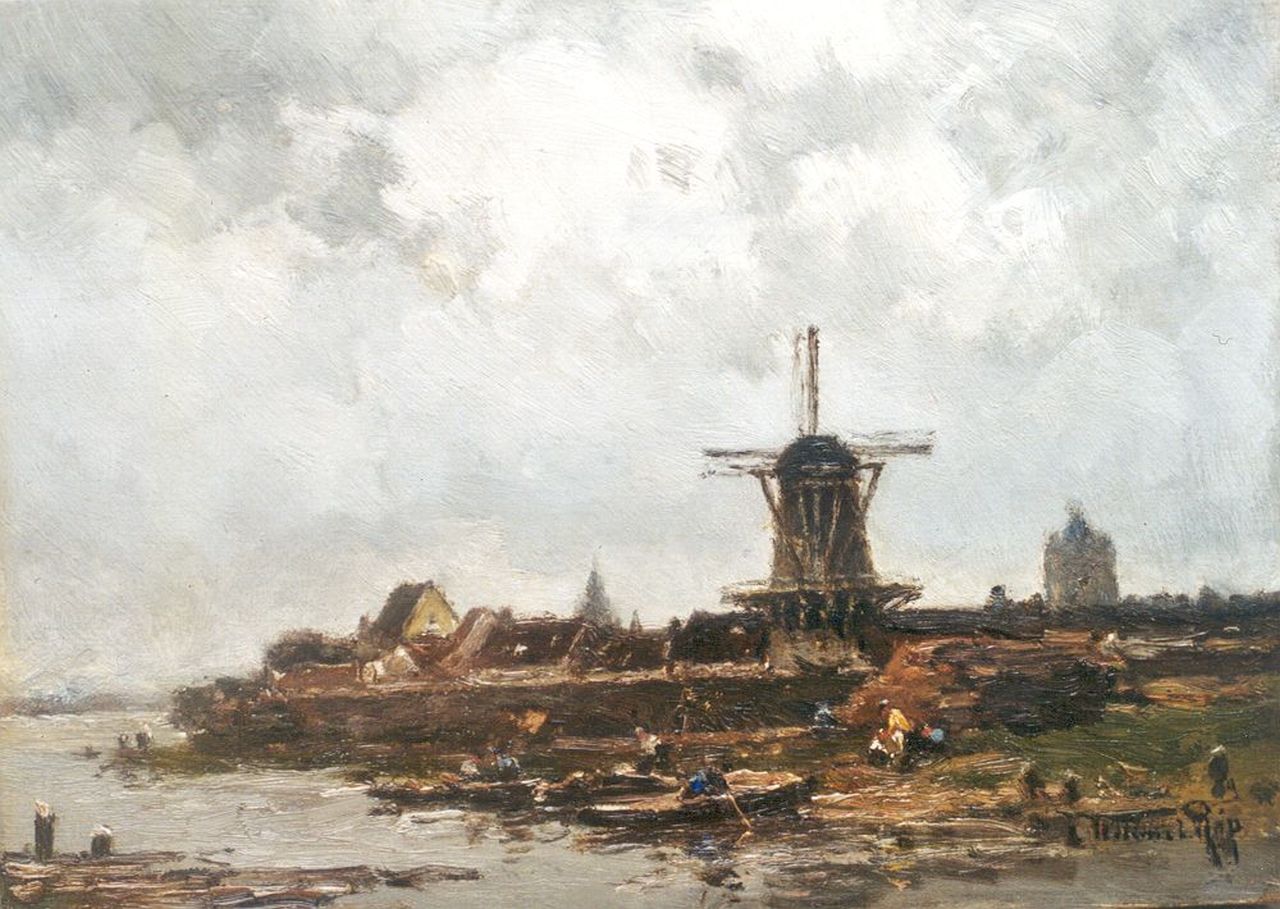 Rip W.C. | 'Willem' Cornelis Rip, Overzetveer bij Wijk bij Duurstede, olieverf op paneel 26,3 x 36,2 cm, gesigneerd rechtsonder en verso Rip W.C. | 'Willem' Cornelis Rip, Overzetveer bij Wijk bij Duurstede, olieverf op paneel 26,3 x 36,2 cm, gesigneerd rechtsonder en verso