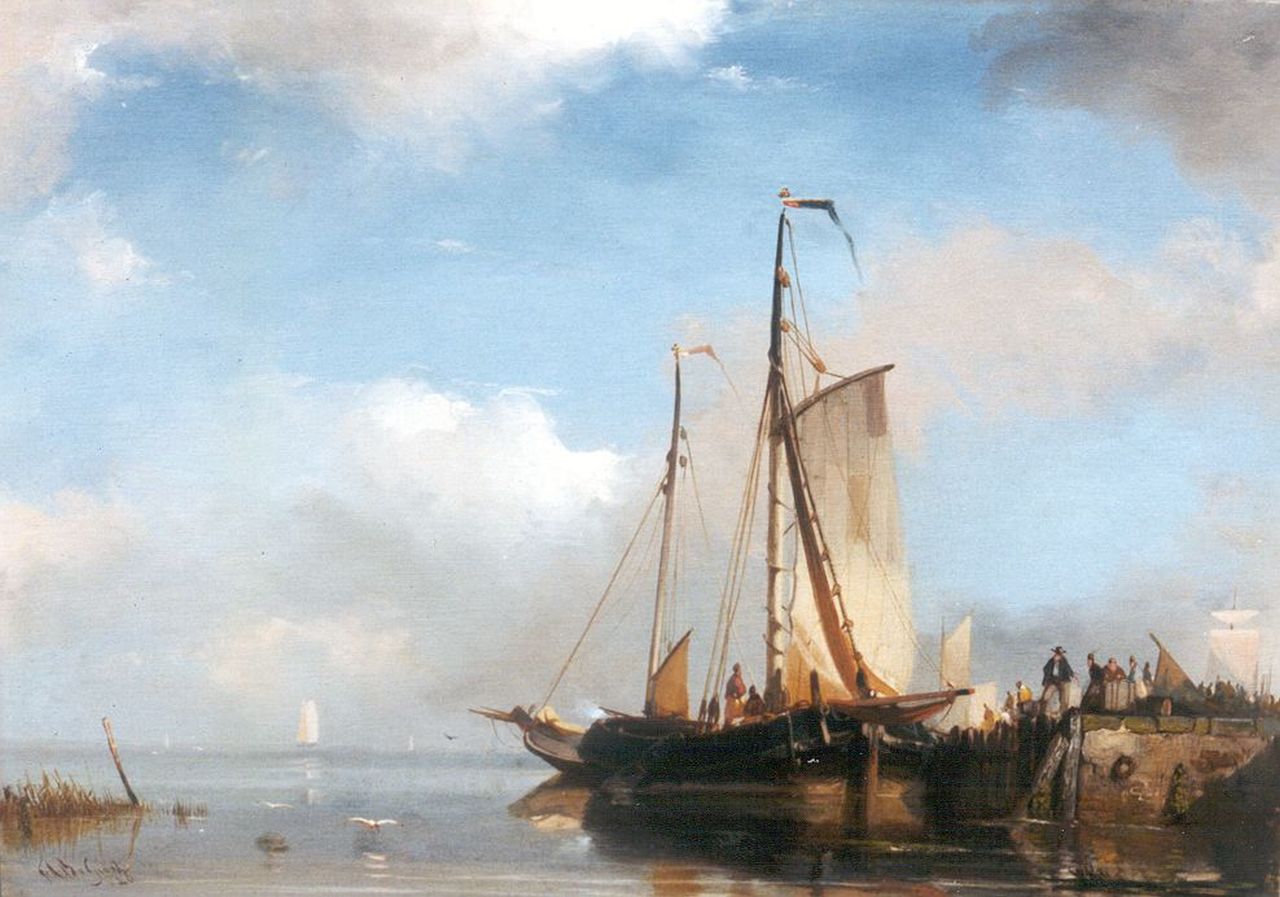 Breuhaus de Groot F.A. | Frans Arnold Breuhaus de Groot, Afgemeerde platbodems aan een kade met veel figuren, olieverf op paneel 24,8 x 33,9 cm, gesigneerd linksonder en gedateerd '46 Breuhaus de Groot F.A. | Frans Arnold Breuhaus de Groot, Afgemeerde platbodems aan een kade met veel figuren, olieverf op paneel 24,8 x 33,9 cm, gesigneerd linksonder en gedateerd '46