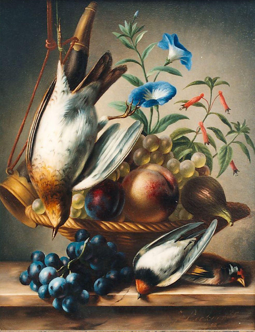 Reekers jr. Joh. | Johannes Reekers jr., Mand met fruit en zangvogel en vinken, olieverf op paneel 36,8 x 29,2 cm, gesigneerd rechtsonder en gedateerd '55 Reekers jr. Joh. | Johannes Reekers jr., Mand met fruit en zangvogel en vinken, olieverf op paneel 36,8 x 29,2 cm, gesigneerd rechtsonder en gedateerd '55