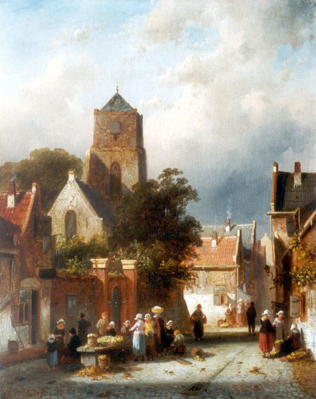 Leickert C.H.J. | 'Charles' Henri Joseph Leickert, Straatje met figuren bij een marktstalletje, olieverf op paneel 31,5 x 24,9 cm, gesigneerd linksonder Leickert C.H.J. | 'Charles' Henri Joseph Leickert, Straatje met figuren bij een marktstalletje, olieverf op paneel 31,5 x 24,9 cm, gesigneerd linksonder