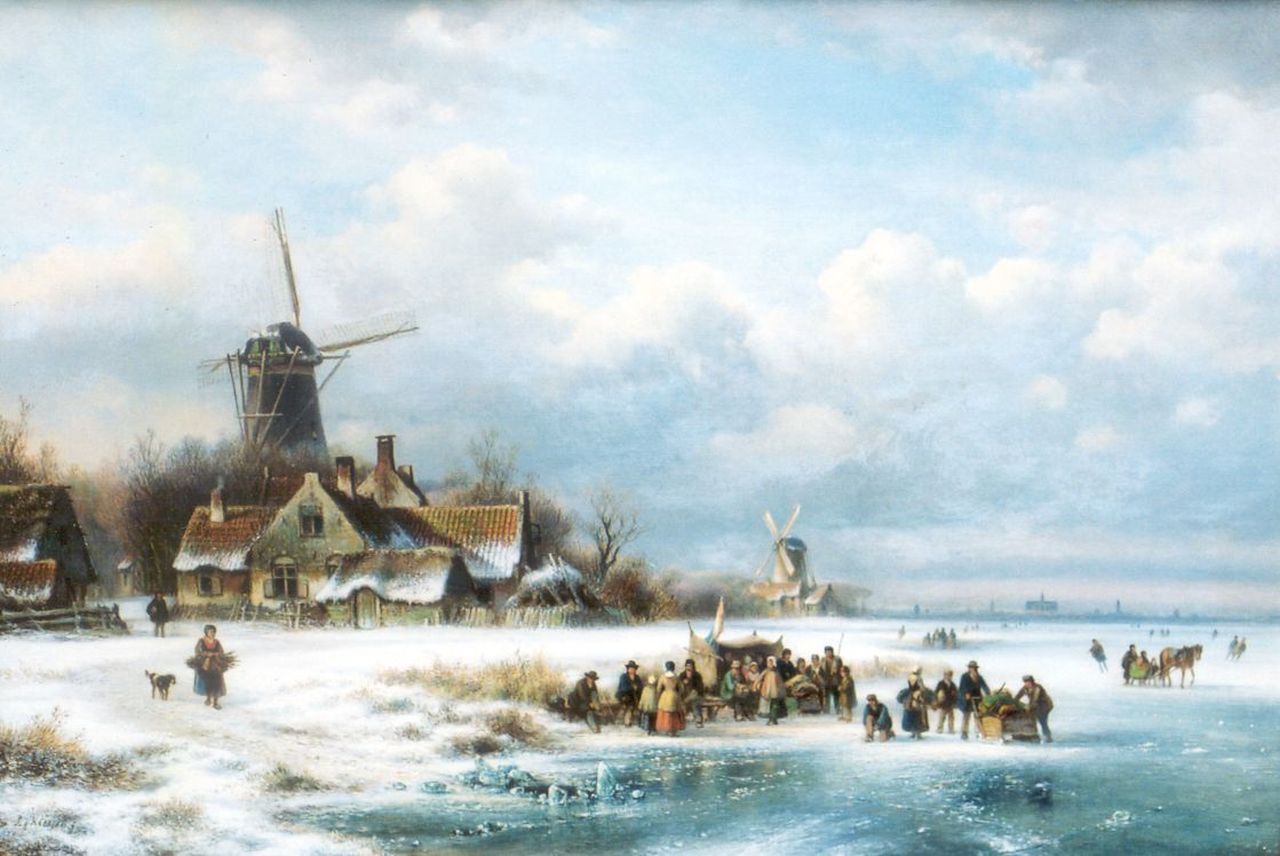 Kleijn L.J. | Lodewijk Johannes Kleijn, Bedrijvigheid op een bevroren rivier met koek-en-zopie, olieverf op doek 49,1 x 71,9 cm, gesigneerd linksonder Kleijn L.J. | Lodewijk Johannes Kleijn, Bedrijvigheid op een bevroren rivier met koek-en-zopie, olieverf op doek 49,1 x 71,9 cm, gesigneerd linksonder