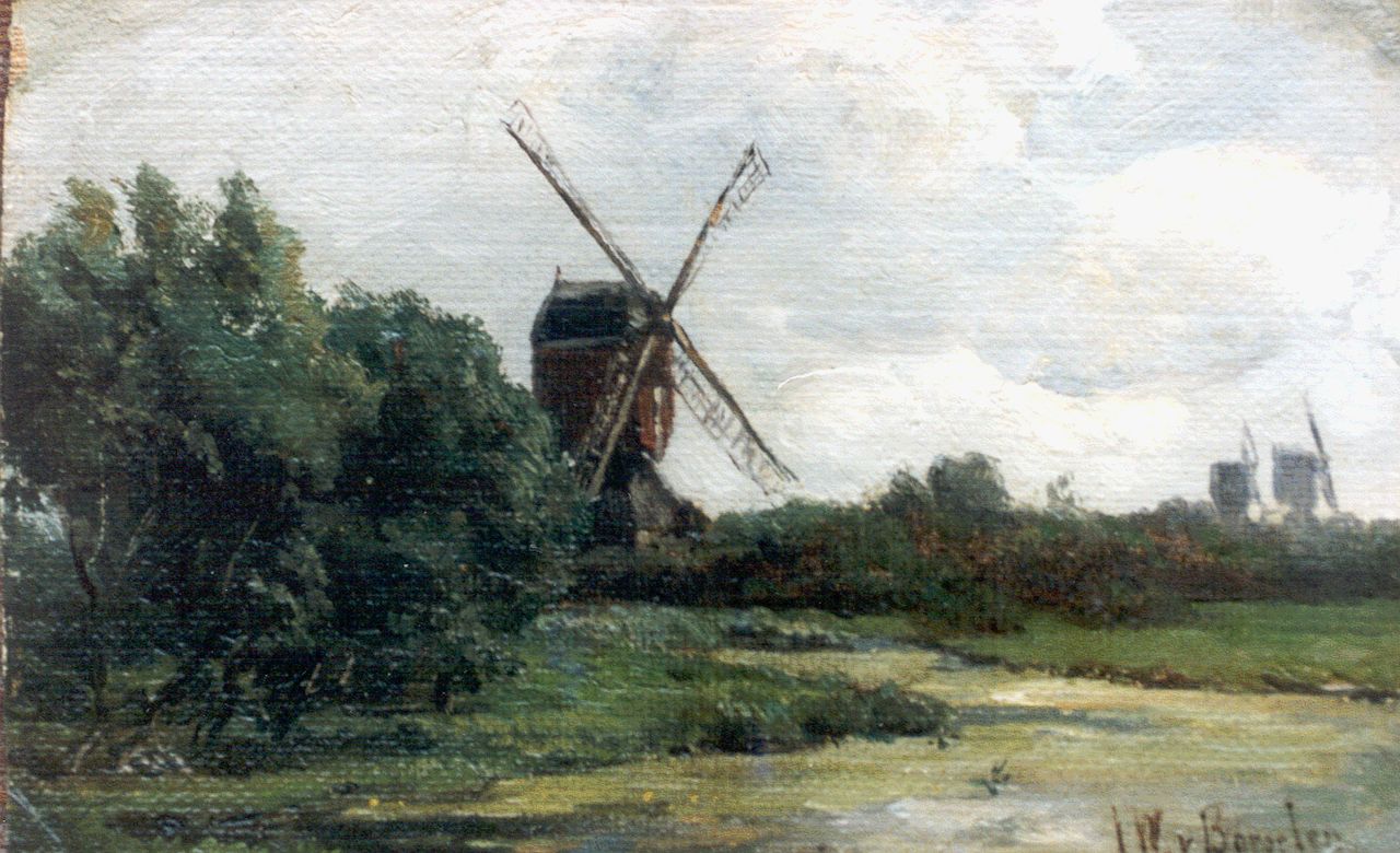 Borselen J.W. van | Jan Willem van Borselen, Molens in polderlandschap, olieverf op doek op paneel 12,8 x 19,7 cm, gesigneerd rechtsonder Borselen J.W. van | Jan Willem van Borselen, Molens in polderlandschap, olieverf op doek op paneel 12,8 x 19,7 cm, gesigneerd rechtsonder