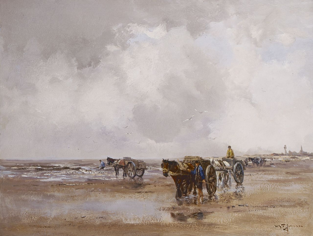 Jansen W.G.F. | 'Willem' George Frederik Jansen, Schelpenvissers in de branding, olieverf op doek 49,3 x 64,5 cm, gesigneerd rechtsonder Jansen W.G.F. | 'Willem' George Frederik Jansen, Schelpenvissers in de branding, olieverf op doek 49,3 x 64,5 cm, gesigneerd rechtsonder