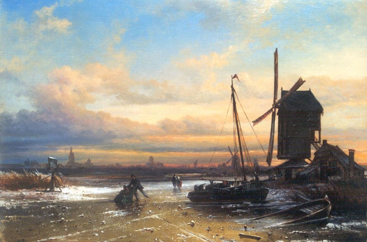 Bommel E.P. van | Elias Pieter van Bommel, Korenmolen bij Zutphen in de winter, olieverf op doek 32,7 x 47,0 cm, gesigneerd linksonder en gedateerd 1879 Bommel E.P. van | Elias Pieter van Bommel, Korenmolen bij Zutphen in de winter, olieverf op doek 32,7 x 47,0 cm, gesigneerd linksonder en gedateerd 1879