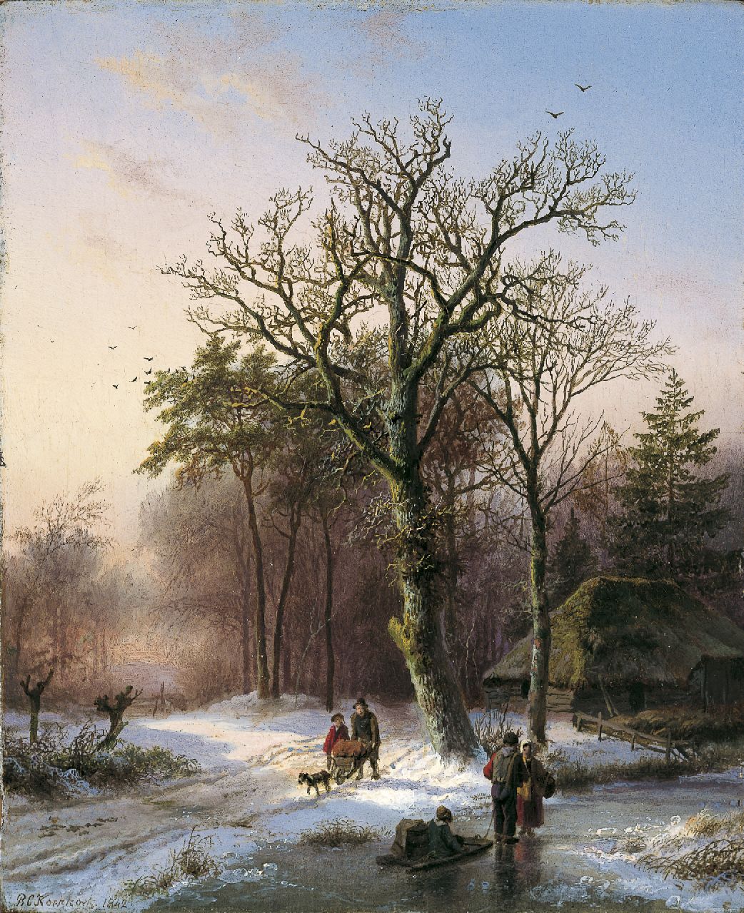 Koekkoek B.C. | Barend Cornelis Koekkoek, Winters bosgezicht met figuren op het ijs, olieverf op paneel 19,1 x 15,7 cm, gesigneerd linksonder en gedateerd 1842 Koekkoek B.C. | Barend Cornelis Koekkoek, Winters bosgezicht met figuren op het ijs, olieverf op paneel 19,1 x 15,7 cm, gesigneerd linksonder en gedateerd 1842