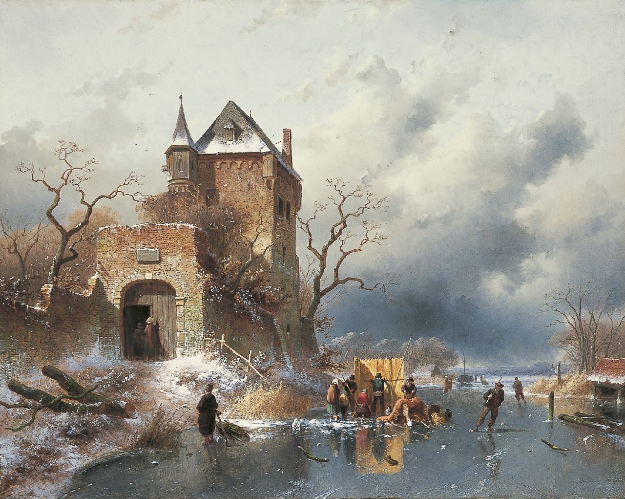 Leickert C.H.J. | 'Charles' Henri Joseph Leickert, Winterlandschap met ijsvertier, olieverf op doek 58,7 x 73,3 cm, gesigneerd rechtsonder en gedateerd '63 Leickert C.H.J. | 'Charles' Henri Joseph Leickert, Winterlandschap met ijsvertier, olieverf op doek 58,7 x 73,3 cm, gesigneerd rechtsonder en gedateerd '63