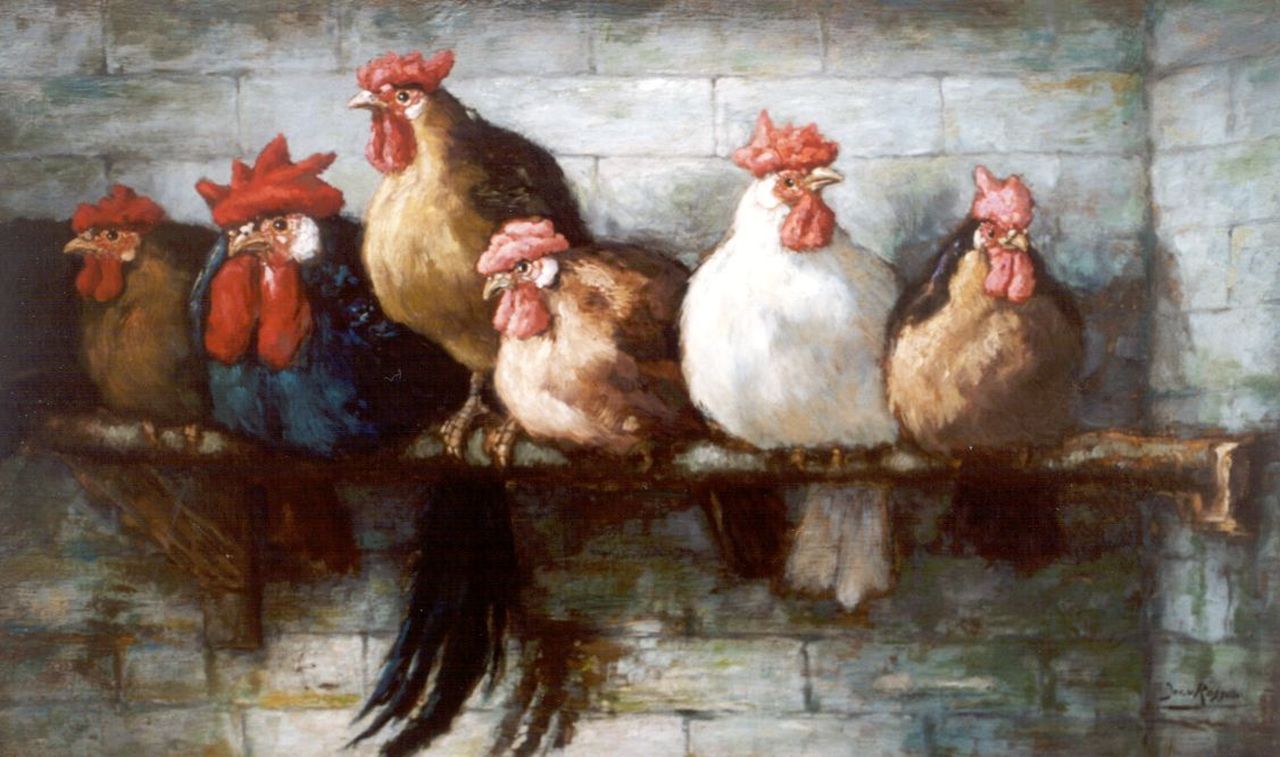 Rossum J.W. van | Jacobus Willem 'Jacob' van Rossum, Pluimvee op stok, olieverf op paneel 37,7 x 62,8 cm, gesigneerd rechtsonder