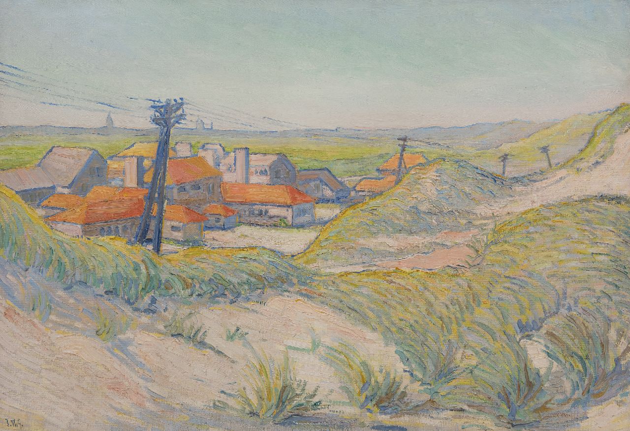 Giesen J.Th.  | Johannes Theodorus 'Jan' Giesen, Huizen achter de duinen, olieverf op doek 65,0 x 95,2 cm, gesigneerd linksonder met initialen en op spieraam voluit en op spieraam gedateerd '24