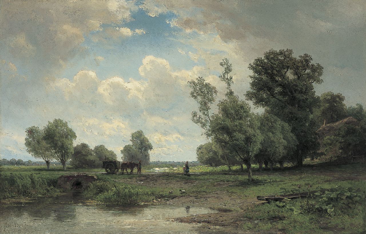 Borselen J.W. van | Jan Willem van Borselen, Weidelandschap met boeren en paard en wagen, olieverf op doek 46,2 x 70,9 cm, gesigneerd linksonder
