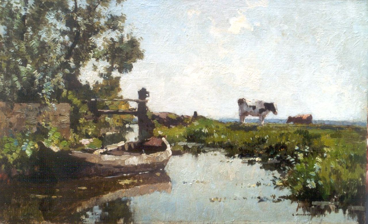 Vreedenburgh C. | Cornelis Vreedenburgh, Polderlandschap met koeien aan een sloot, olieverf op paneel 23,0 x 37,2 cm, gesigneerd rechtsonder Vreedenburgh C. | Cornelis Vreedenburgh, Polderlandschap met koeien aan een sloot, olieverf op paneel 23,0 x 37,2 cm, gesigneerd rechtsonder