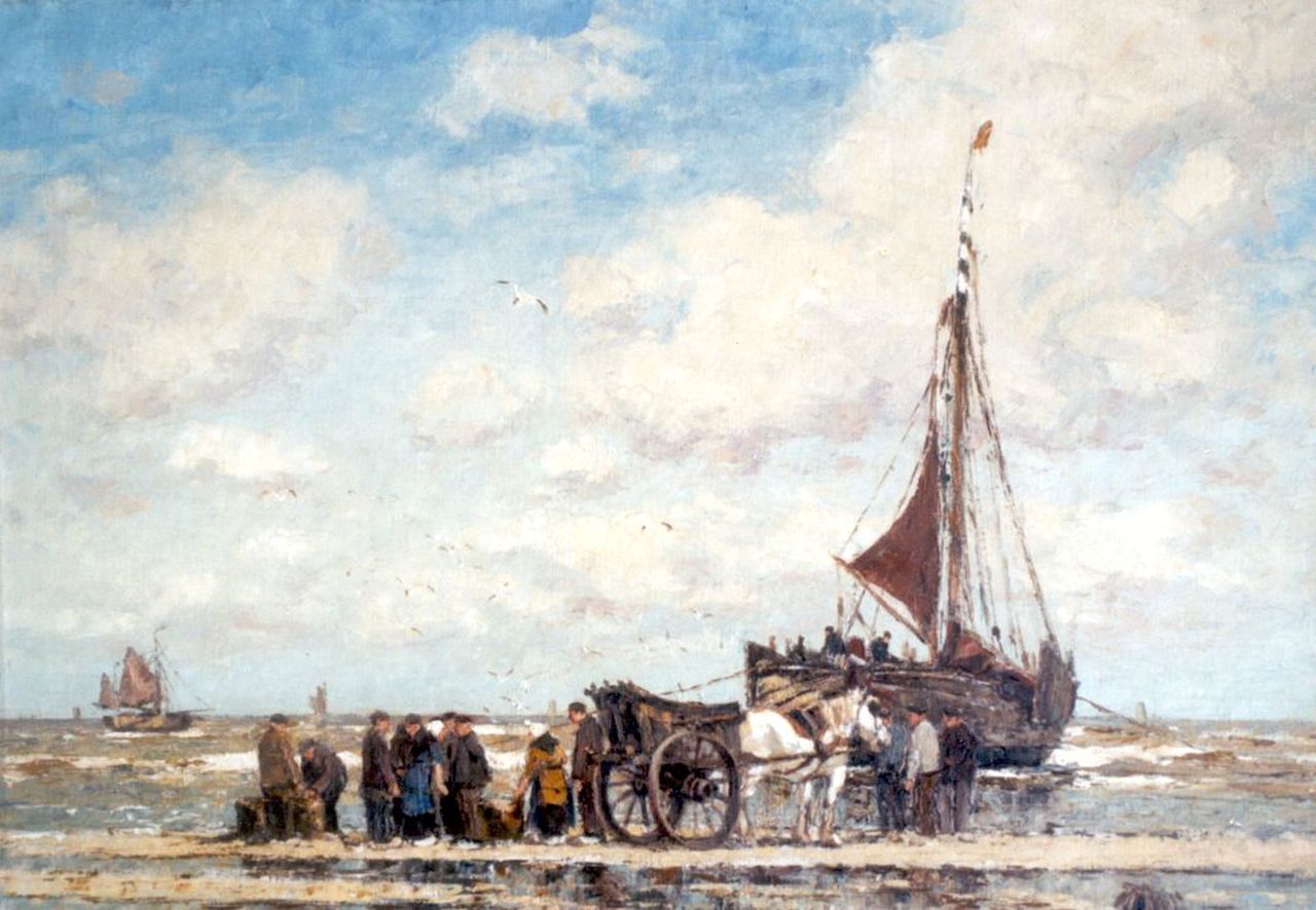 Hambüchen W. | Wilhelm Hambüchen, Het uitladen van de vangst, olieverf op doek 60,3 x 80,5 cm, gesigneerd linksonder Hambüchen W. | Wilhelm Hambüchen, Het uitladen van de vangst, olieverf op doek 60,3 x 80,5 cm, gesigneerd linksonder